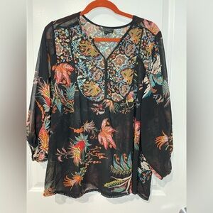 NEW I Jeans By Buffalo Floral Print Sheer Flowy Ballon 3/4” Sleeve Top. Size L